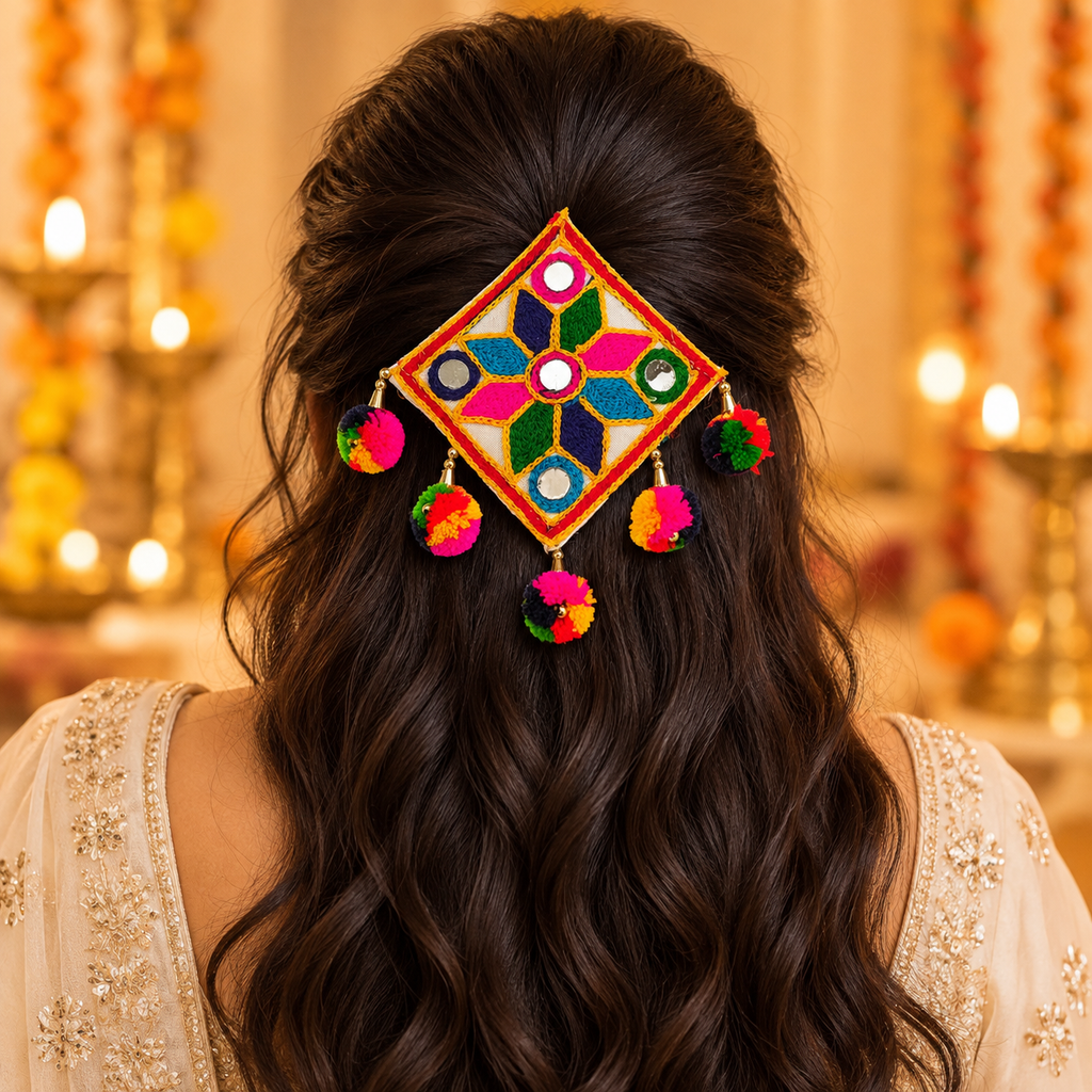 The99Jewel Garba Special Colourful Mirror & Colorful Pom Pom Hair Clip for Women