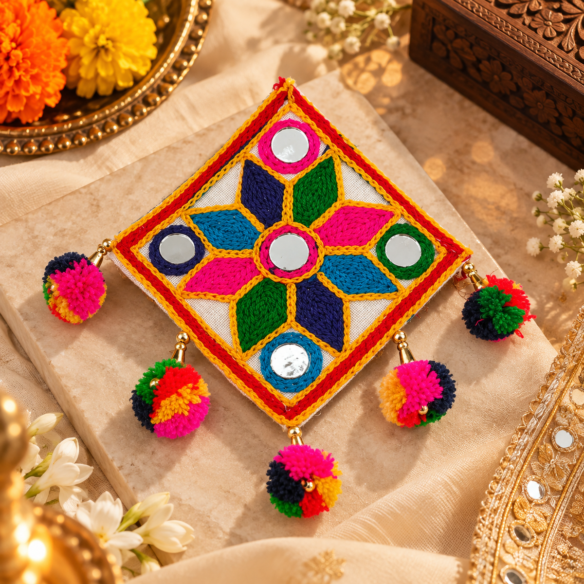 The99Jewel Garba Special Colourful Mirror & Colorful Pom Pom Hair Clip for Women