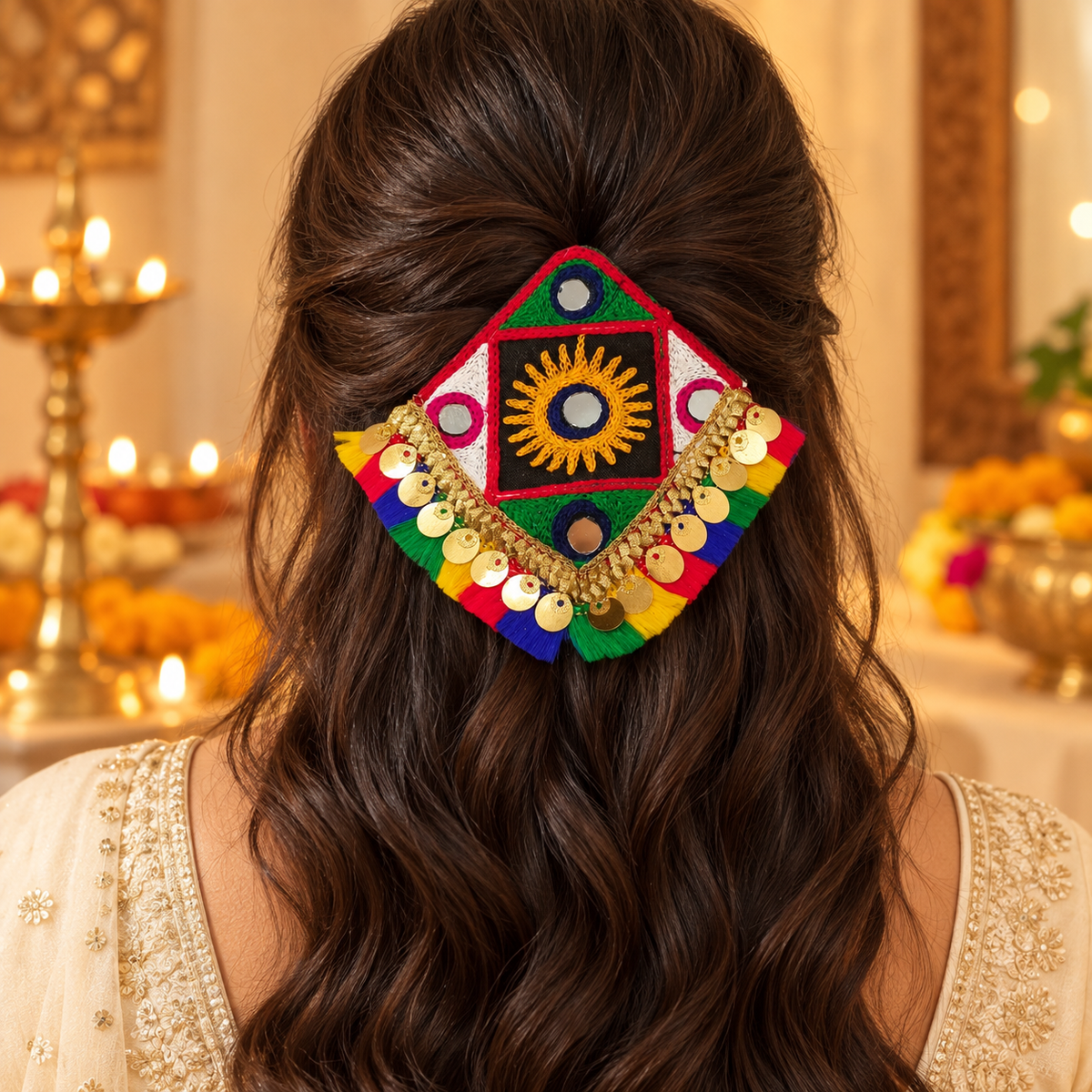 The99Jewel Garba Special Colourful Mirror & Colorful Tassel Hair Clip for Women