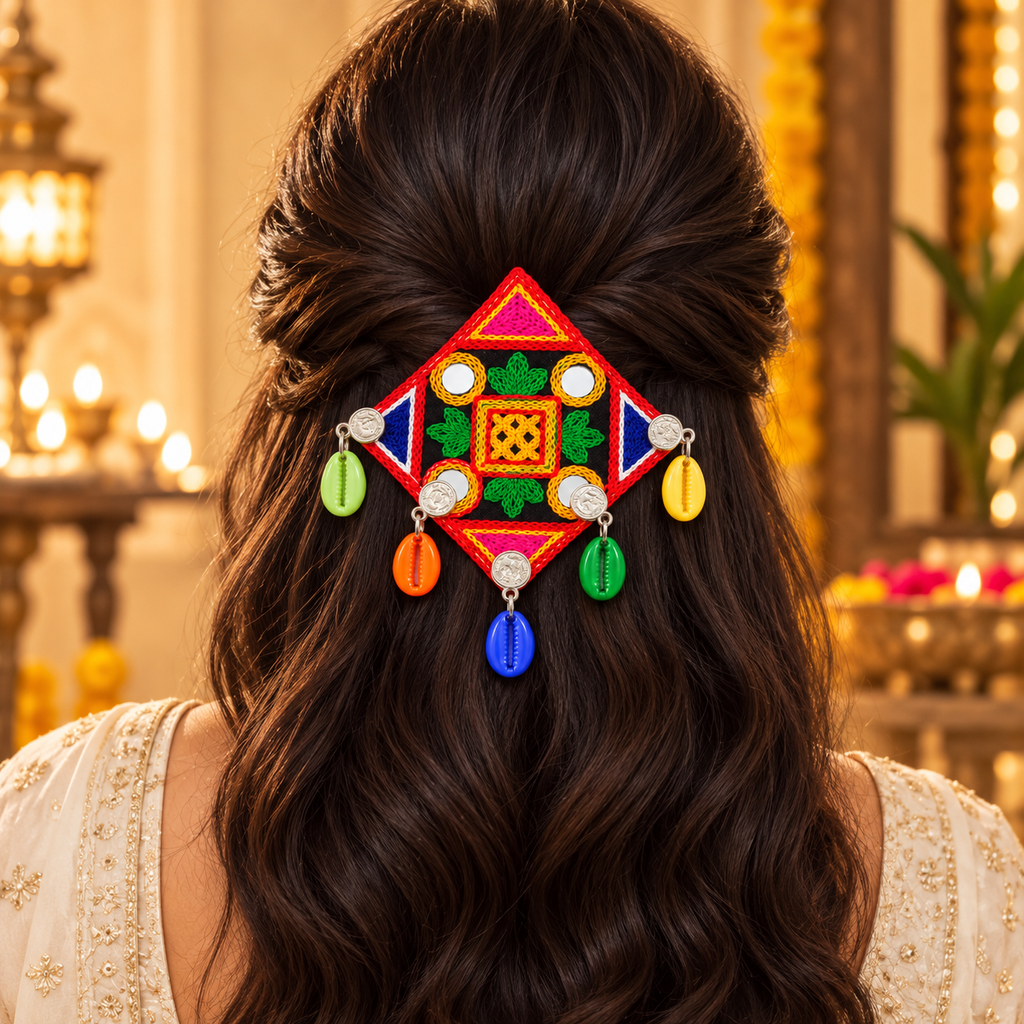 The99Jewel Garba Special Colourful Mirror & Colorful Shell Hair Clip for Women