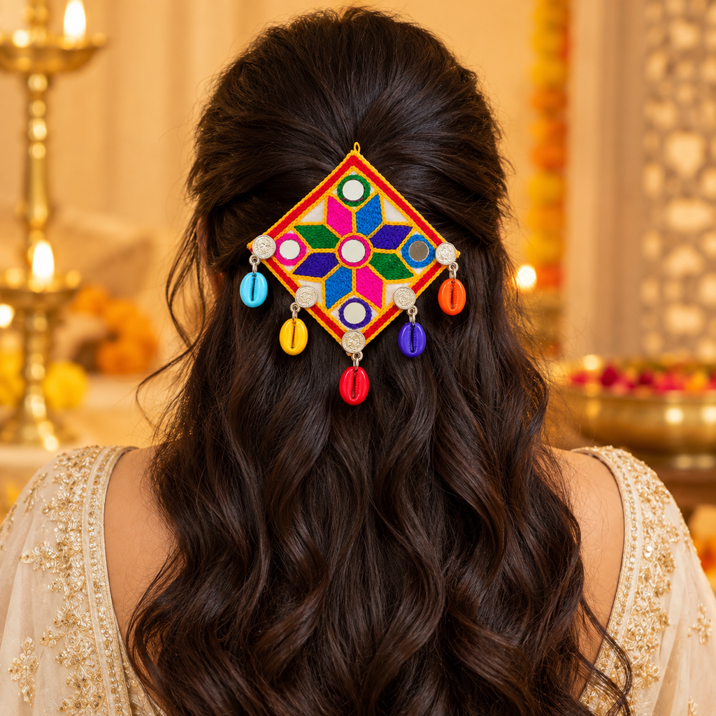The99Jewel Garba Special Colourful Mirror & Shell and Charm  Hair Clip for Women