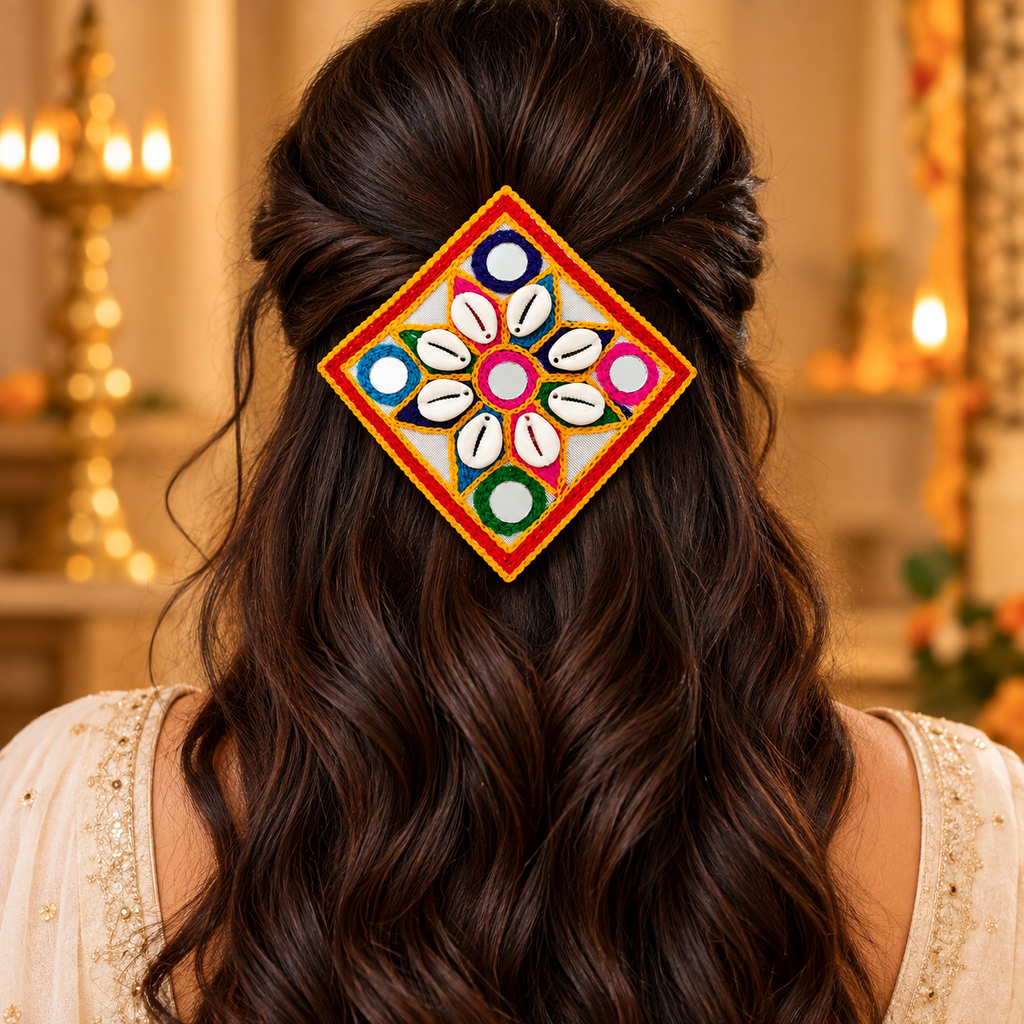 The99Jewel Garba Special Colourful Mirror & White Shell  Hair Clip for Women