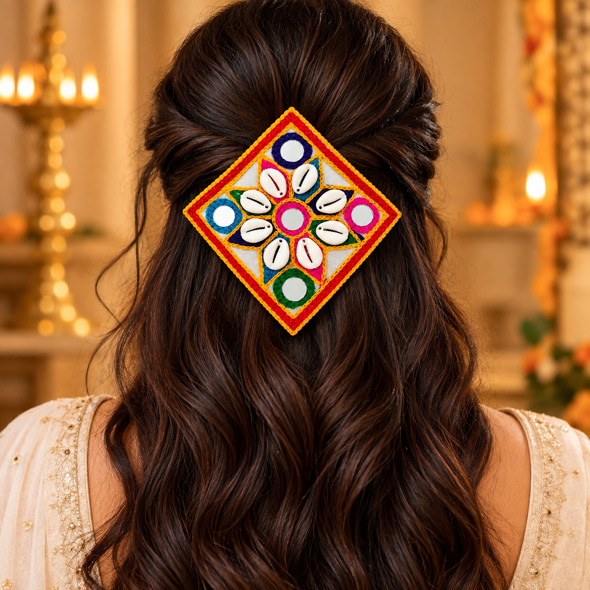 The99Jewel Garba Special Colourful Mirror & White Shell  Hair Clip for Women