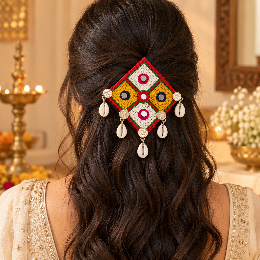 The99Jewel Garba Special Colourful Mirror & Shell and Charm  Hair Clip for Women