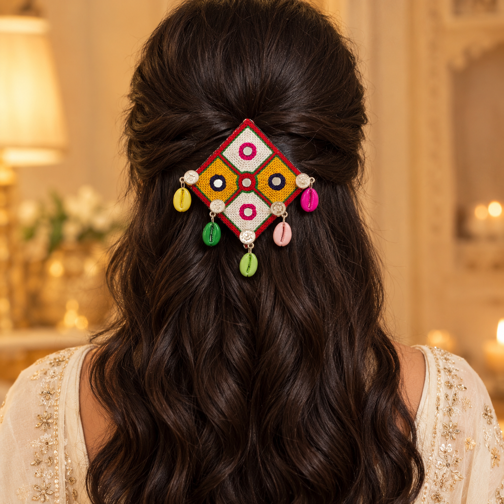 The99Jewel Garba Special Colourful Mirror & Shell and Charm  Hair Clip for Women