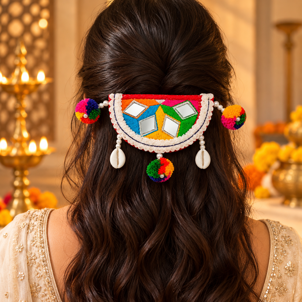 The99Jewel Garba Special Shell  Mirror & Colorful Pom Pom  Hair Clip for Women