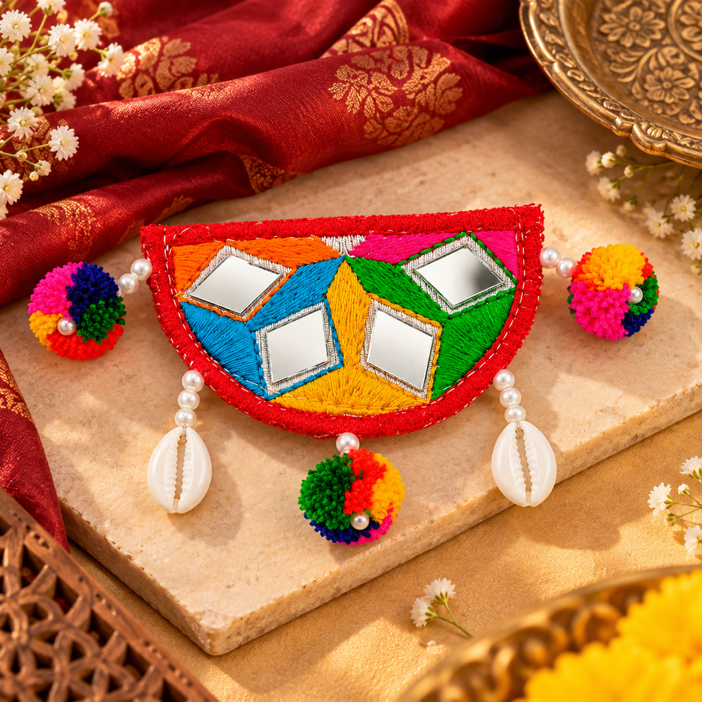 The99Jewel Garba Special Shell  Mirror & Colorful Pom Pom  Hair Clip for Women
