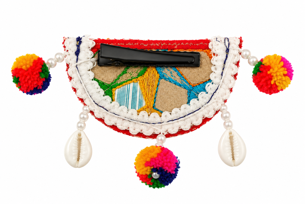 The99Jewel Garba Special Shell  Mirror & Colorful Pom Pom  Hair Clip for Women