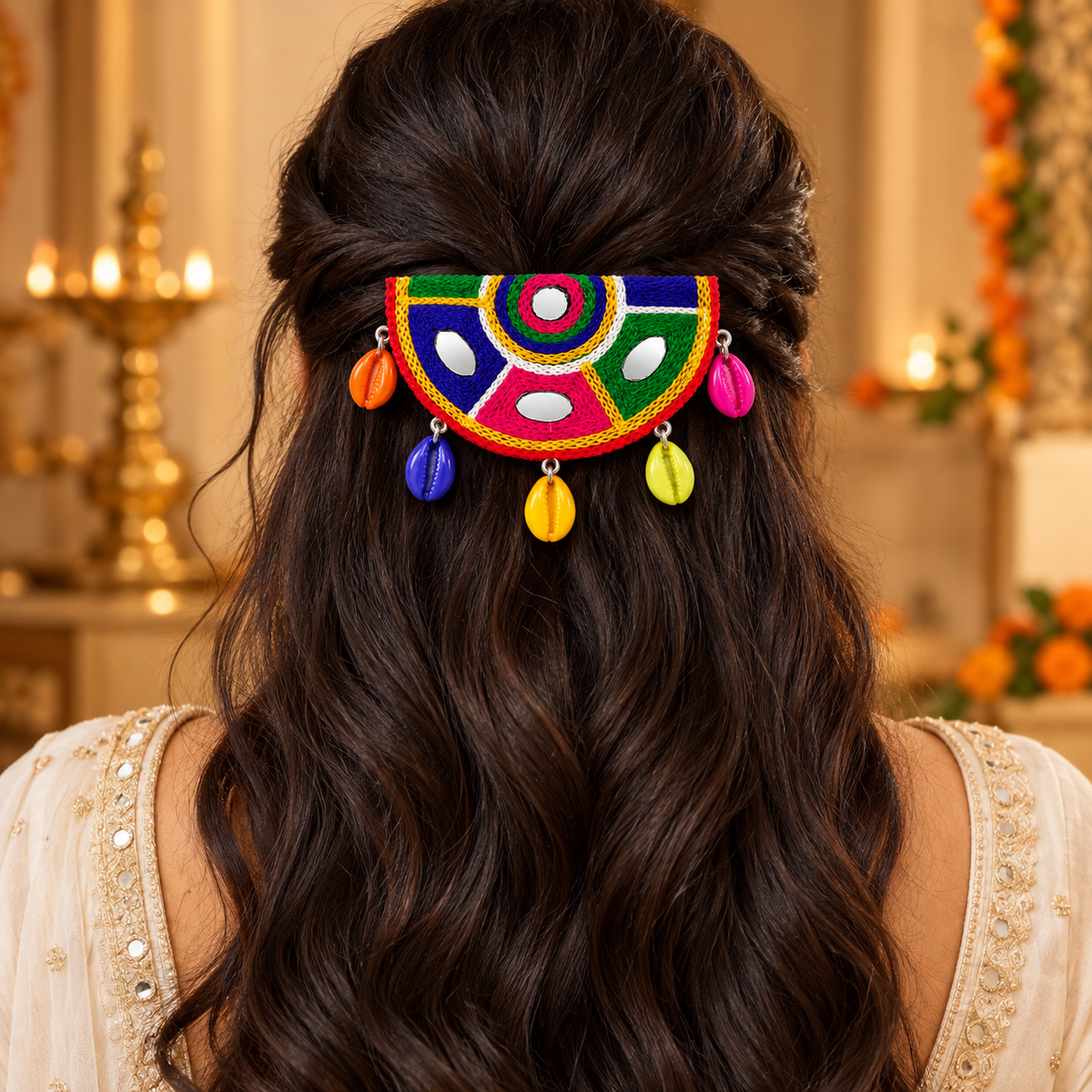 The99Jewel Garba Special Colourful Shell  & Mirror Hair Clip for Women