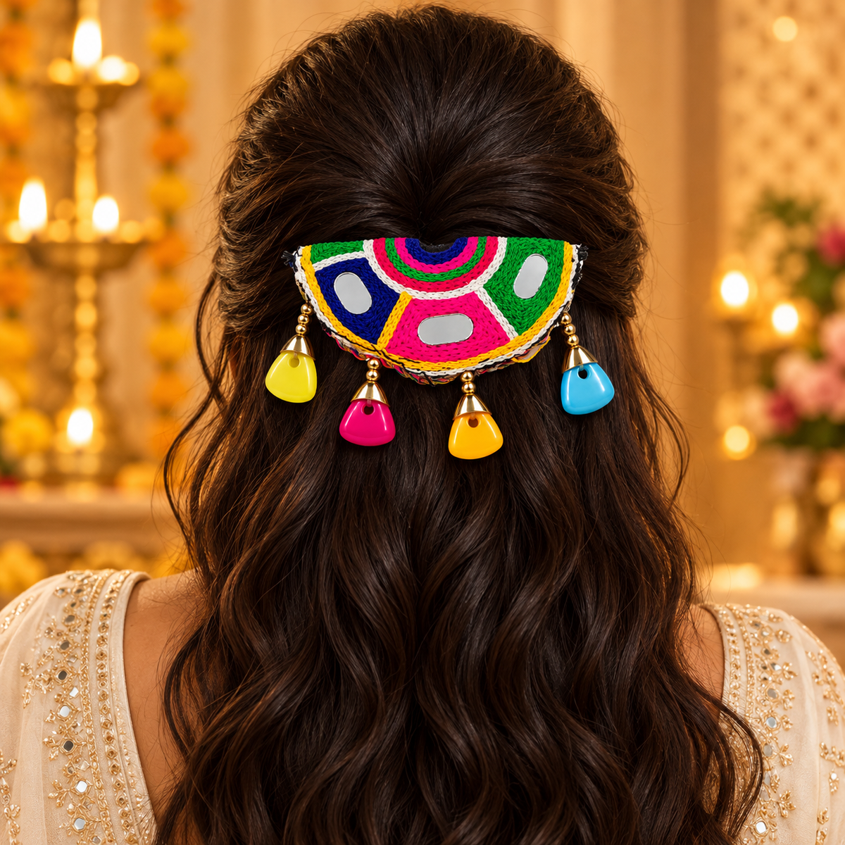 The99Jewel Garba Special Colourful Shell  & Mirror Hair Clip for Women