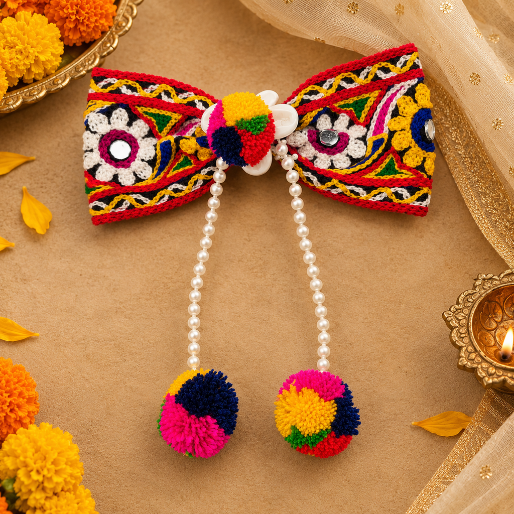 The99Jewel Navratri Bow Shape Hair Clip with Pearl & Shell Work | Festive Garba Hair Accessory for Women & Girls