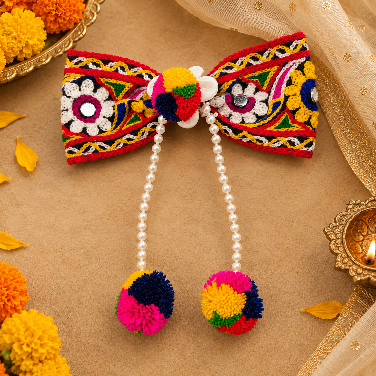 The99Jewel Navratri Bow Shape Hair Clip with Pearl & Shell Work | Festive Garba Hair Accessory for Women & Girls