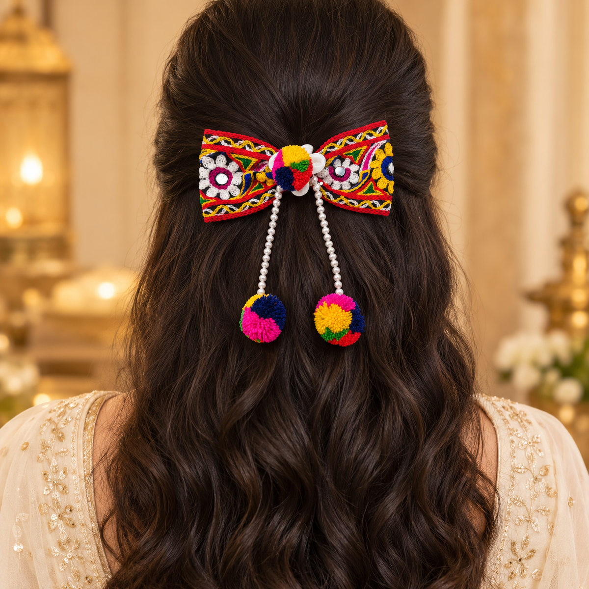 The99Jewel Navratri Bow Shape Hair Clip with Pearl & Shell Work | Festive Garba Hair Accessory for Women & Girls