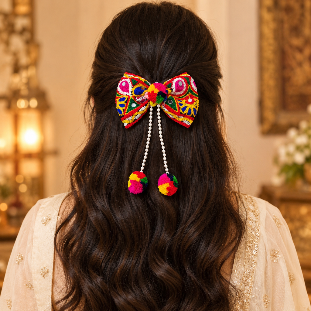 The99Jewel Navratri Bow Shape Hair Clip with Pearl & Shell Work | Festive Garba Hair Accessory for Women & Girls
