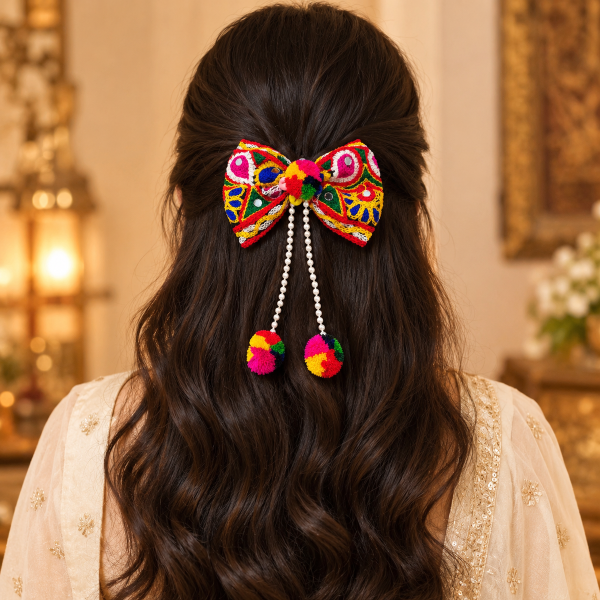 The99Jewel Navratri Bow Shape Hair Clip with Pearl & Shell Work | Festive Garba Hair Accessory for Women & Girls
