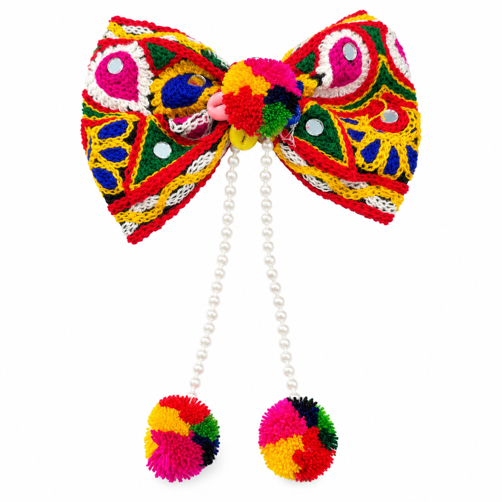 The99Jewel Navratri Bow Shape Hair Clip with Pearl & Shell Work | Festive Garba Hair Accessory for Women & Girls