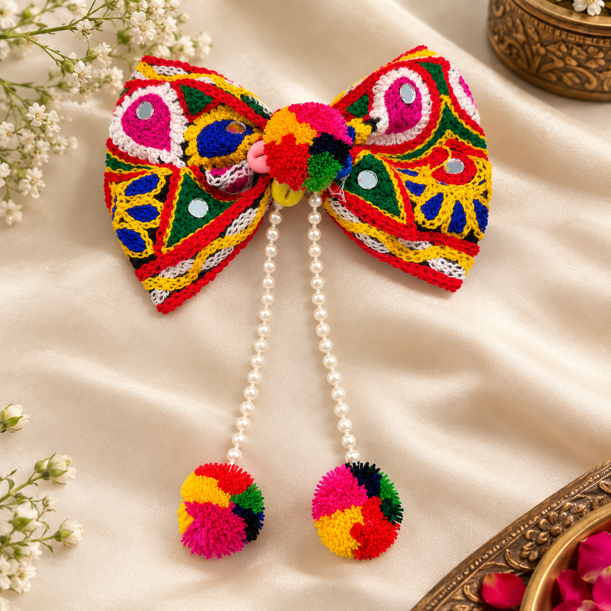 The99Jewel Navratri Bow Shape Hair Clip with Pearl & Shell Work | Festive Garba Hair Accessory for Women & Girls
