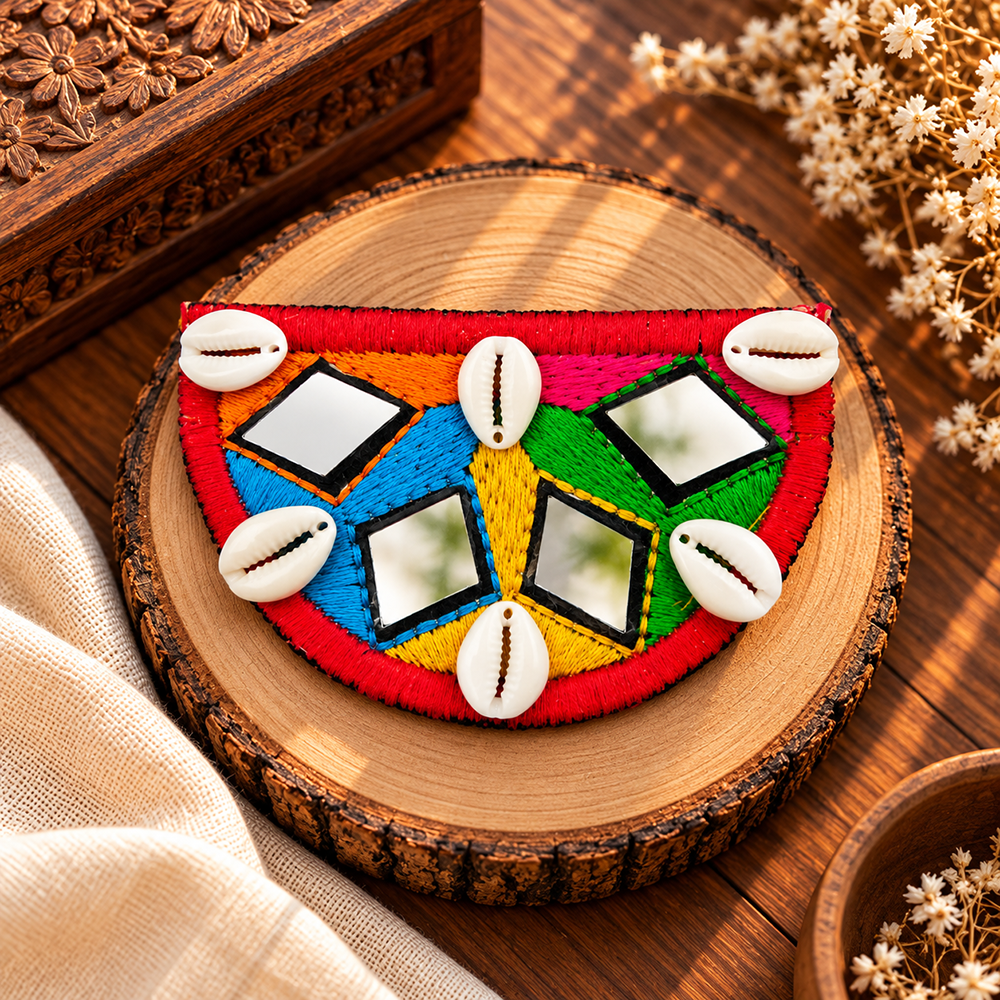 The99Jewel Traditional Mirror Work Hair Clip with Shell & Colourful Thread Detailing for Women