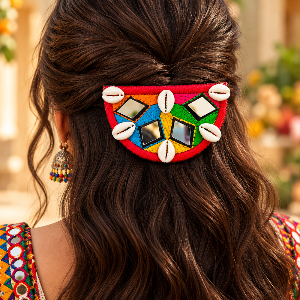 The99Jewel Traditional Mirror Work Hair Clip with Shell & Colourful Thread Detailing for Women