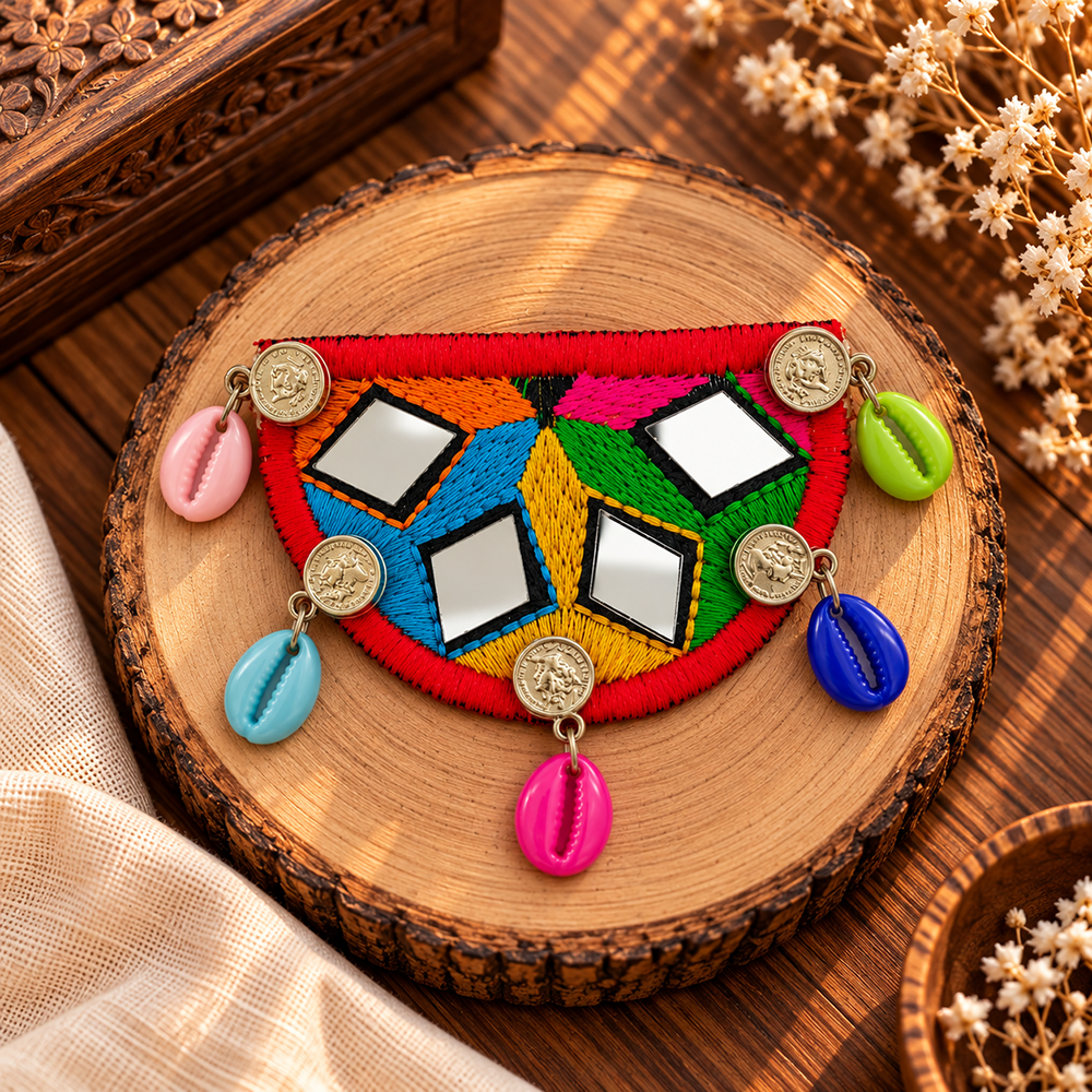 The99Jewel Traditional Mirror Work Hair Clip with Shell & Colourful Thread Detailing for Women
