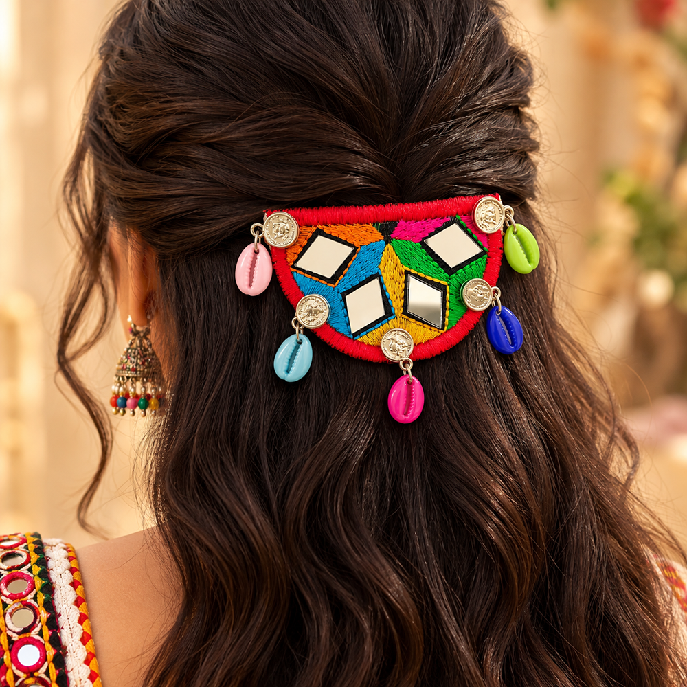 The99Jewel Traditional Mirror Work Hair Clip with Shell & Colourful Thread Detailing for Women