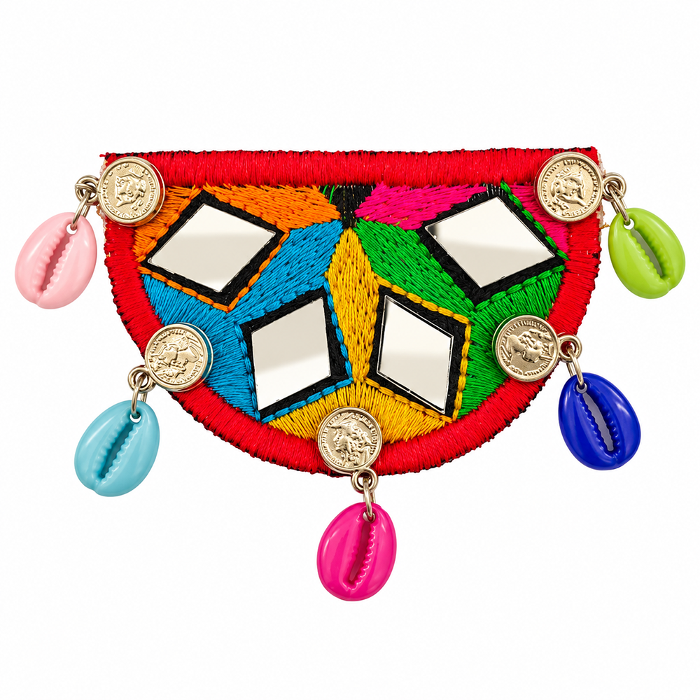 The99Jewel Traditional Mirror Work Hair Clip with Shell & Colourful Thread Detailing for Women