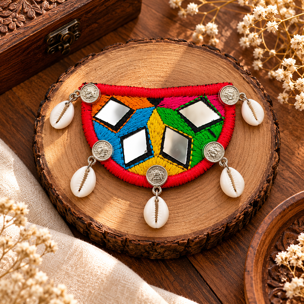 The99Jewel Traditional Mirror Work Hair Clip with Shell & Colourful Thread Detailing for Women