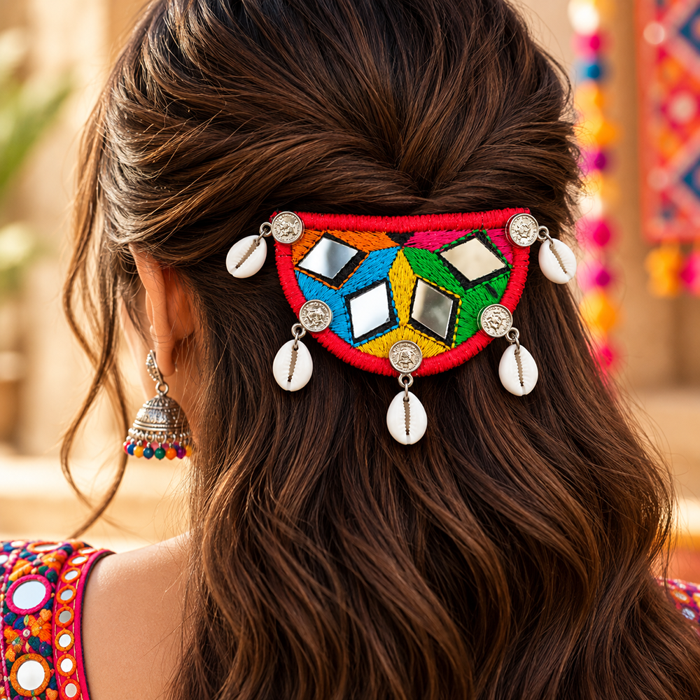The99Jewel Traditional Mirror Work Hair Clip with Shell & Colourful Thread Detailing for Women