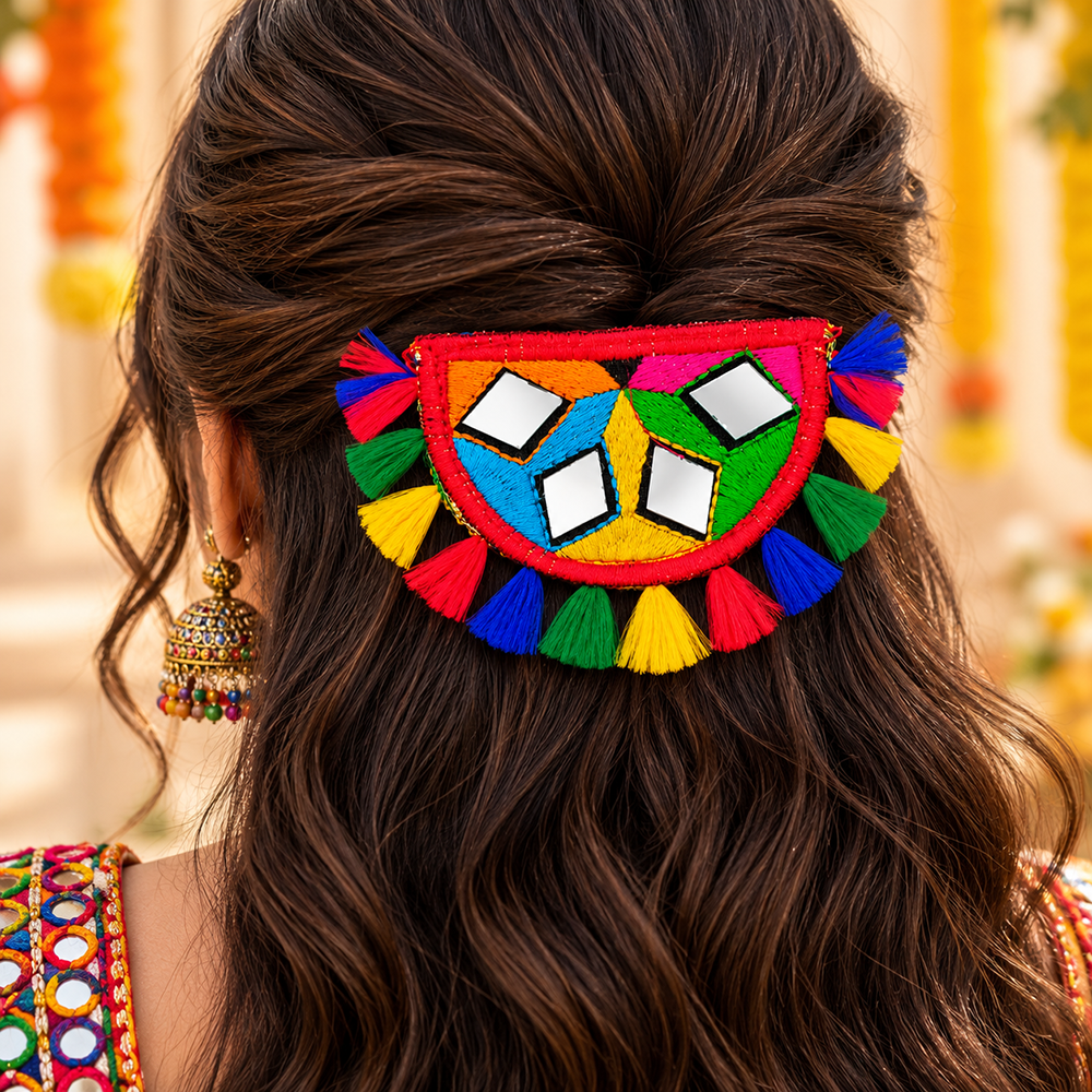 The99Jewel Traditional Mirror Work Hair Clip with Shell & Colourful Tassels Detailing for Women