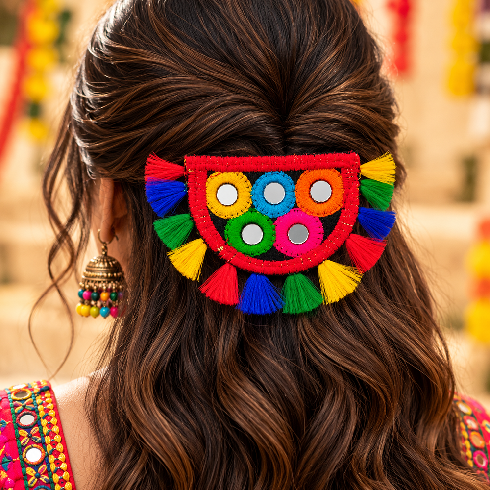 The99Jewel Traditional Mirror Work Hair Clip with Shell & Colourful Tassels Detailing for Women