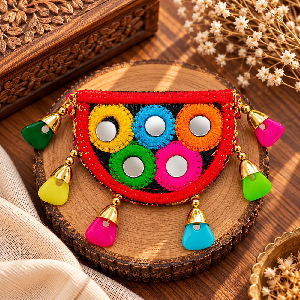 The99Jewel Traditional Mirror Work Hair Clip with Charms & Colourful Thread Detailing for Women