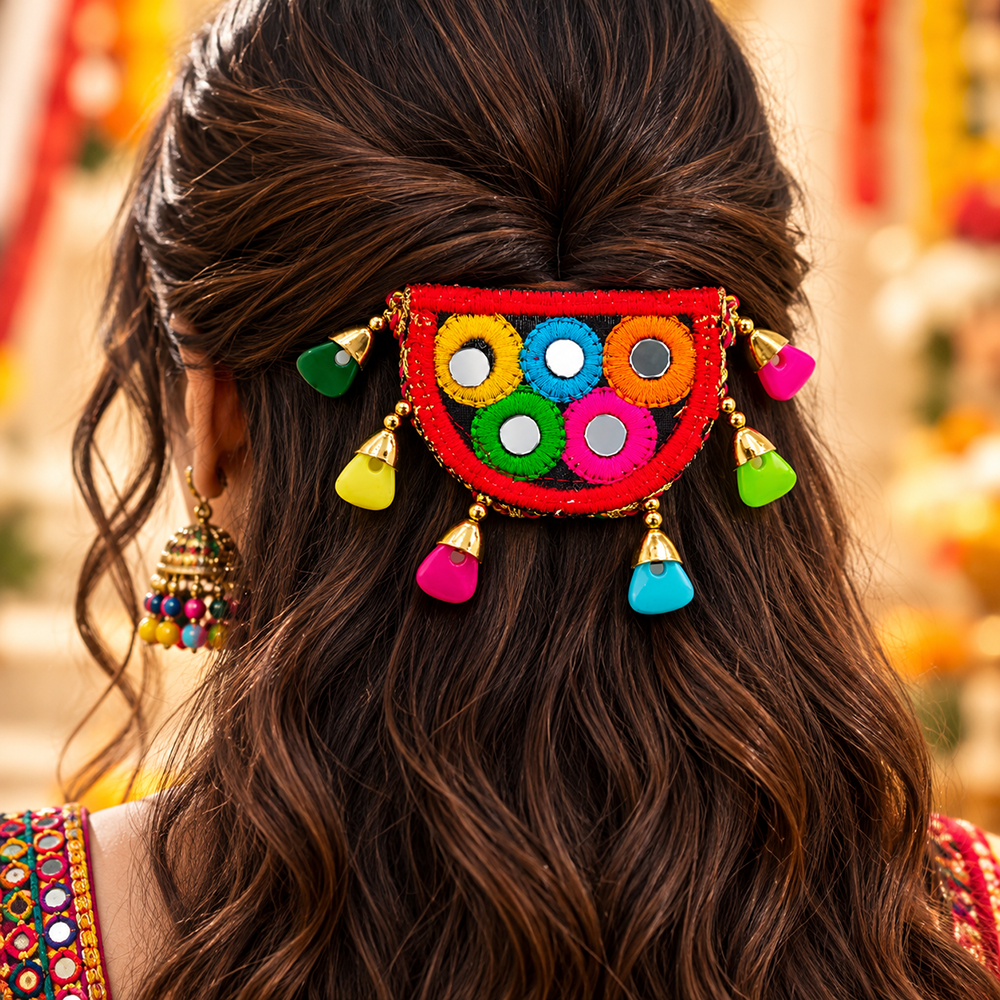 The99Jewel Traditional Mirror Work Hair Clip with Charms & Colourful Thread Detailing for Women