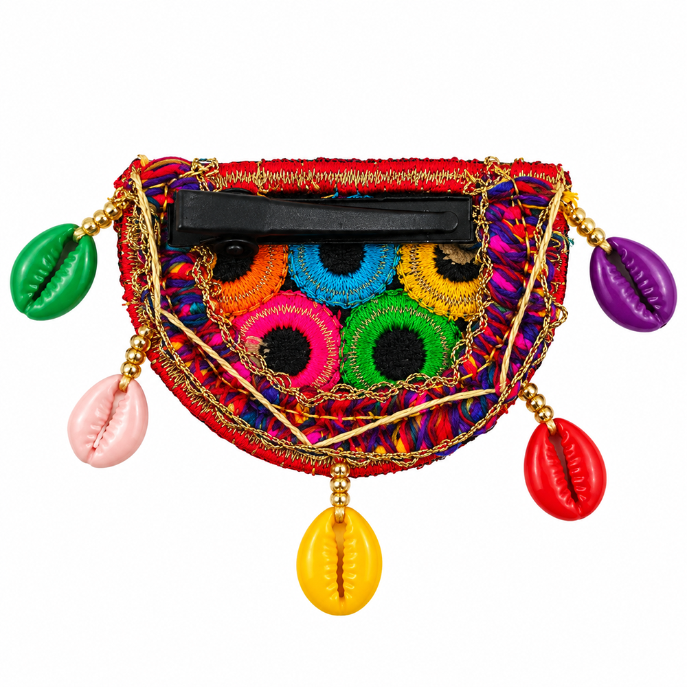 The99Jewel Traditional Mirror Work Hair Clip with Shell & Colourful Thread Detailing for Women