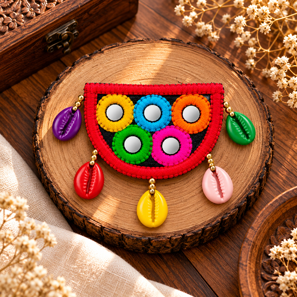 The99Jewel Traditional Mirror Work Hair Clip with Shell & Colourful Thread Detailing for Women