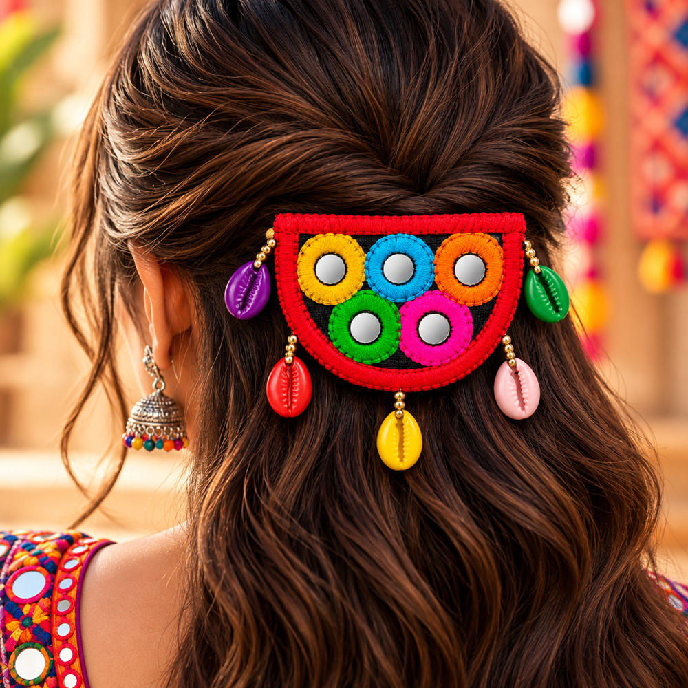 The99Jewel Traditional Mirror Work Hair Clip with Shell & Colourful Thread Detailing for Women