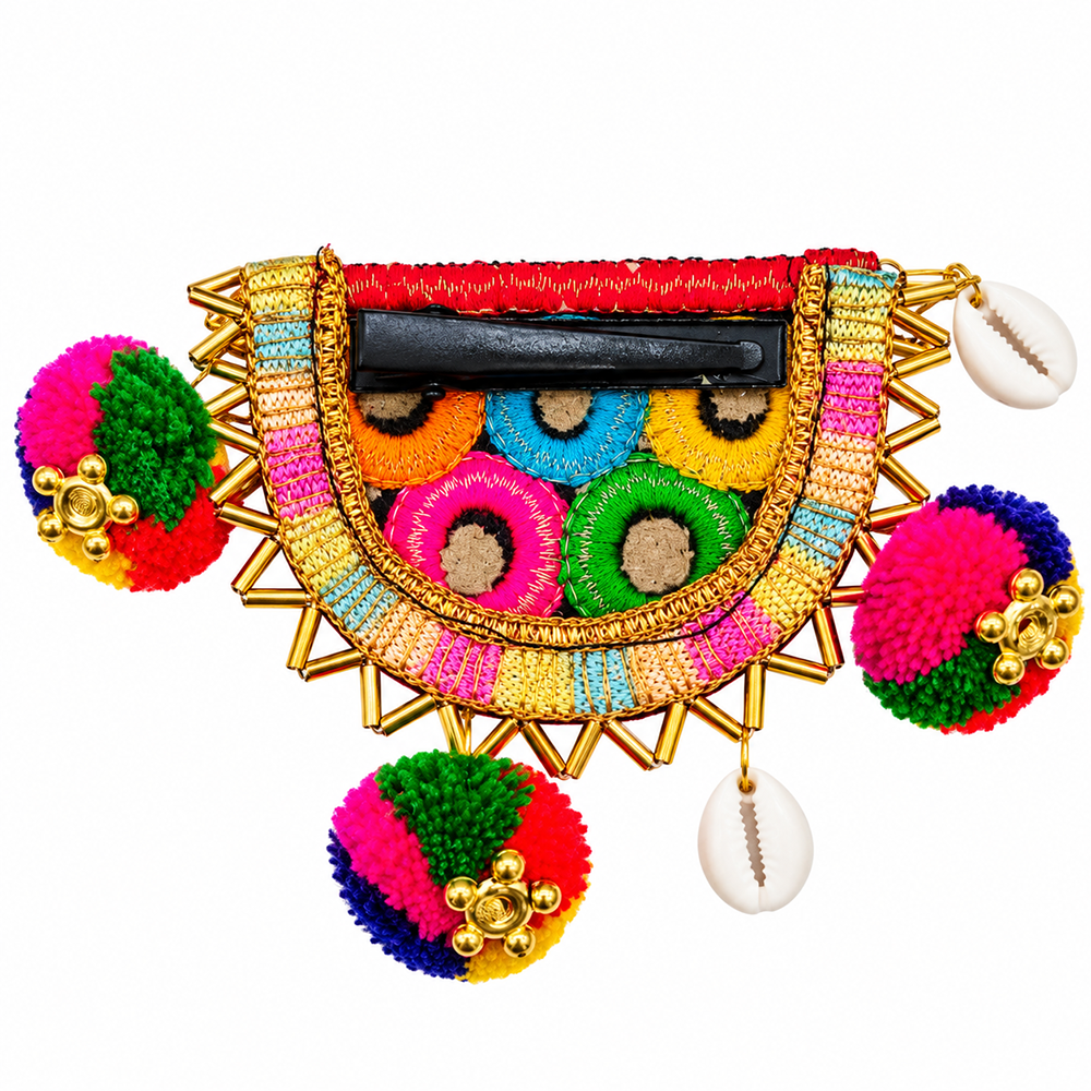 The99Jewel Traditional Mirror Work Hair Clip with Pom Pom  & Colourful Thread Detailing for Women
