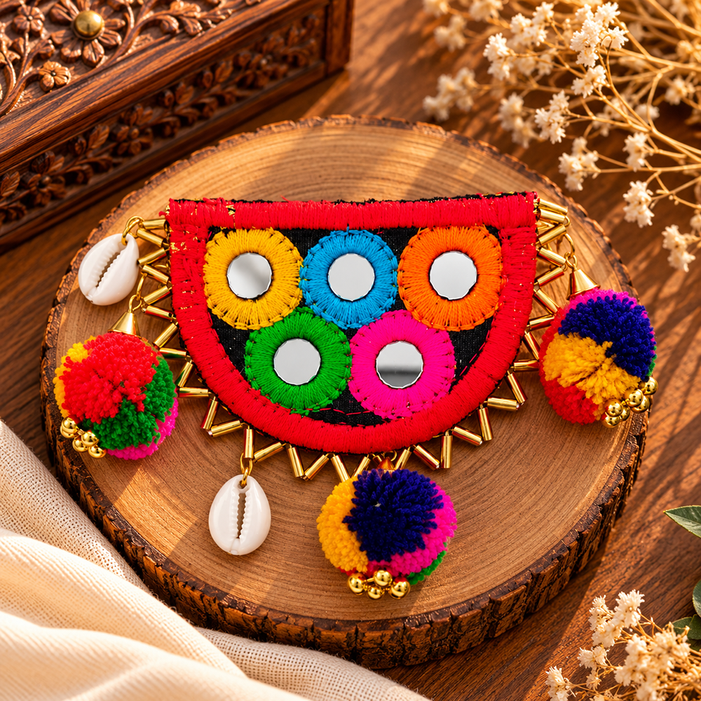 The99Jewel Traditional Mirror Work Hair Clip with Pom Pom  & Colourful Thread Detailing for Women