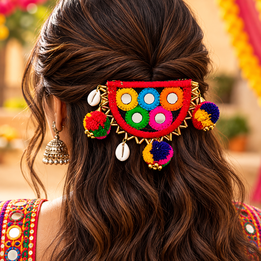 The99Jewel Traditional Mirror Work Hair Clip with Pom Pom  & Colourful Thread Detailing for Women