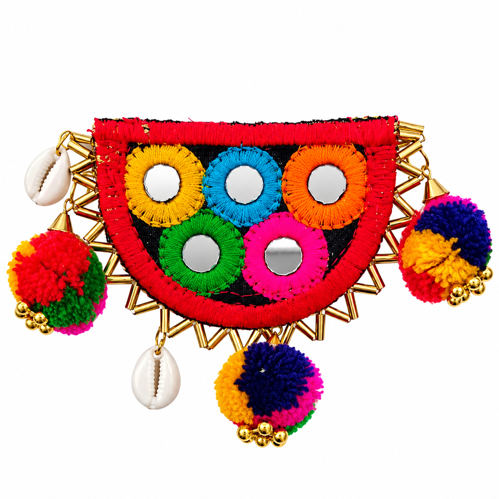 The99Jewel Traditional Mirror Work Hair Clip with Pom Pom  & Colourful Thread Detailing for Women