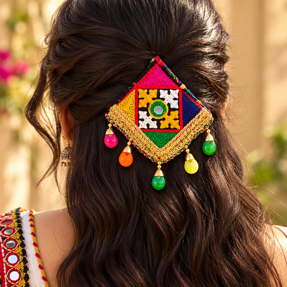 The99Jewel Traditional Mirror Work Hair Clip with Charm & Colourful Thread Detailing for Women