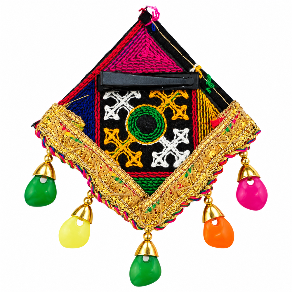 The99Jewel Traditional Mirror Work Hair Clip with Charm & Colourful Thread Detailing for Women