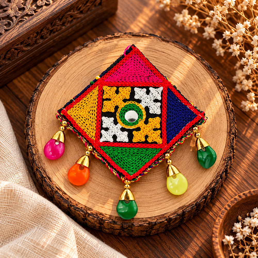 The99Jewel Traditional Mirror Work Hair Clip with Charm & Colourful Thread Detailing for Women