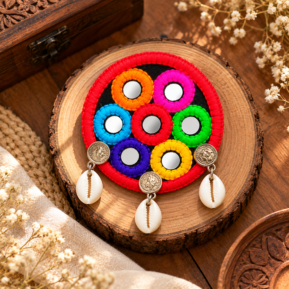 The99Jewel Traditional Mirror Work Hair Clip with Shell & Colourful Thread Detailing for Women