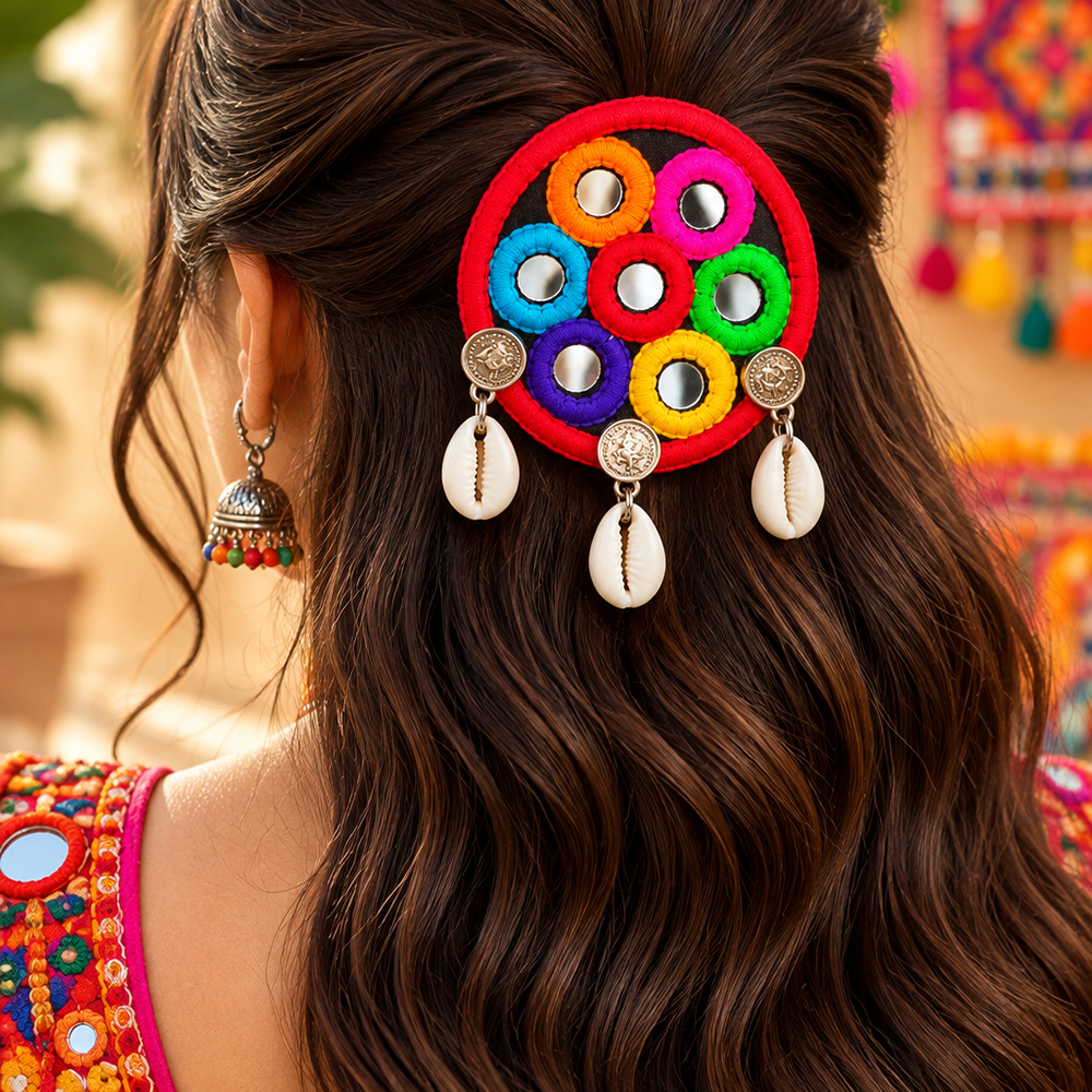 The99Jewel Traditional Mirror Work Hair Clip with Shell & Colourful Thread Detailing for Women