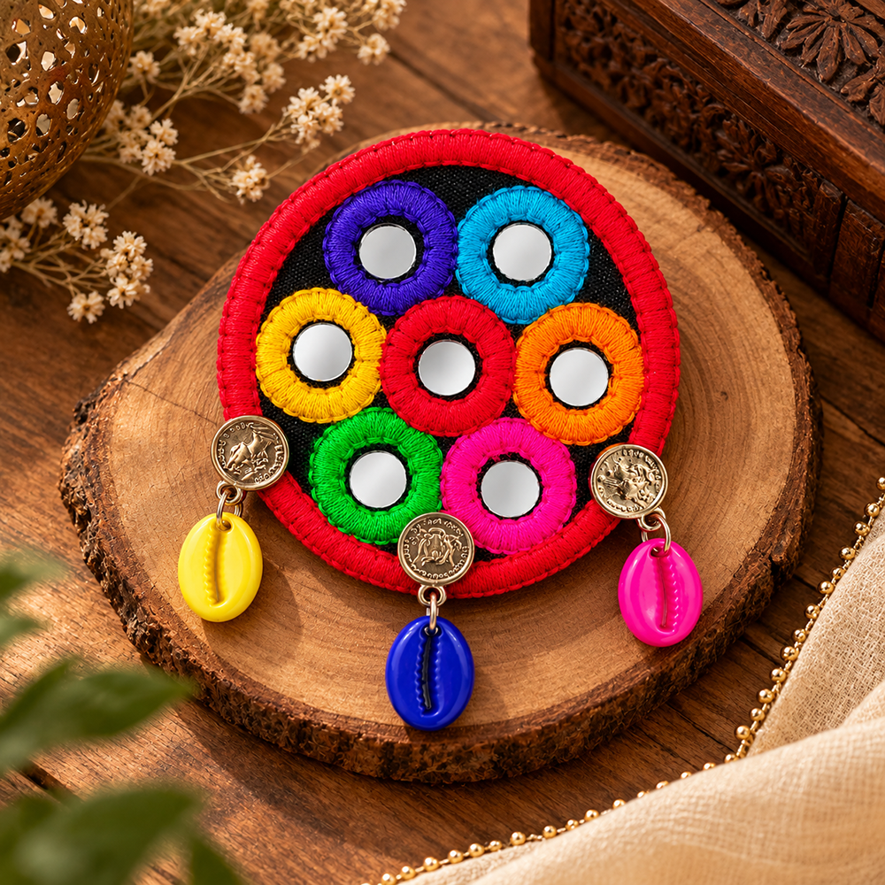 The99Jewel Traditional Mirror Work Hair Clip with Shell & Colourful Thread Detailing for Women