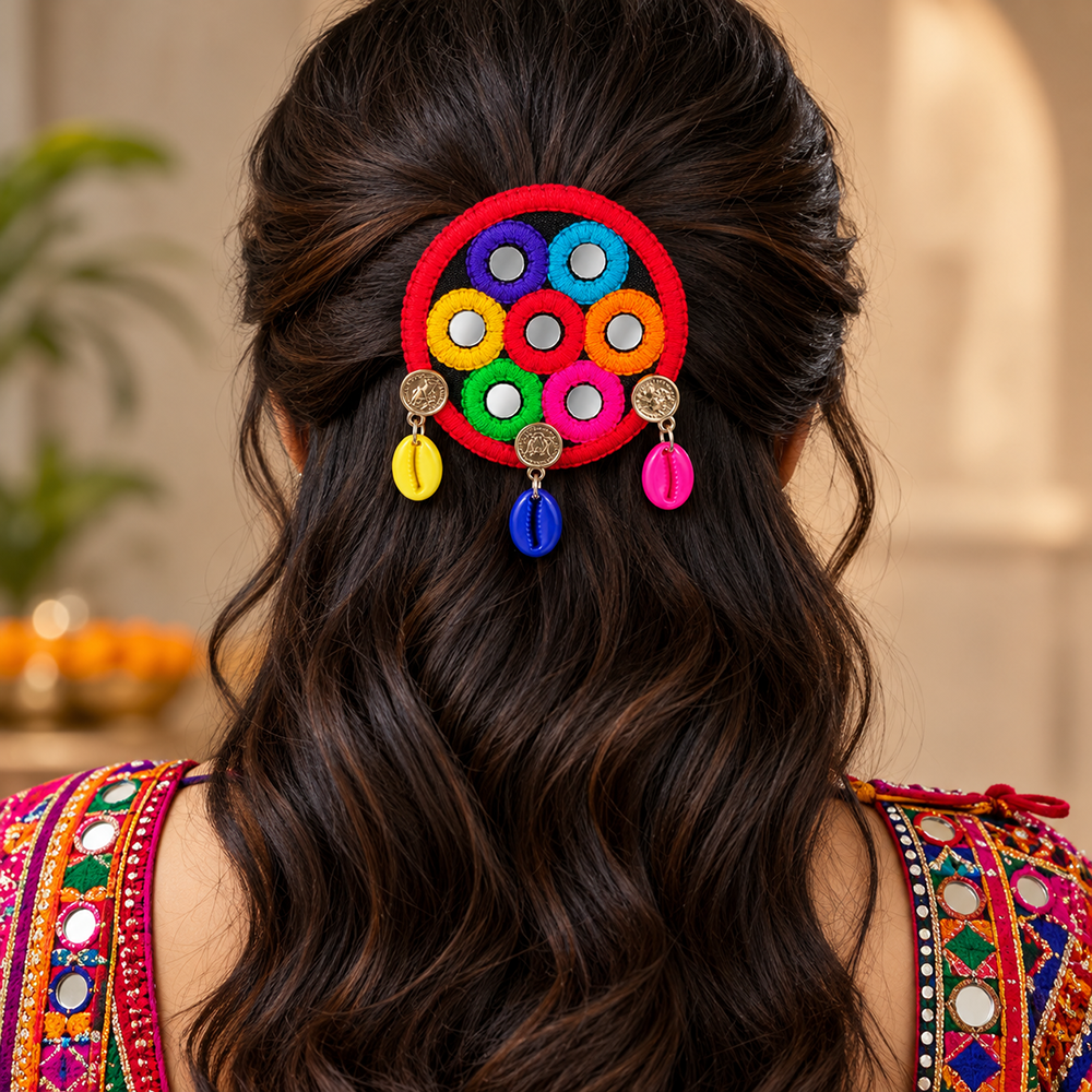 The99Jewel Traditional Mirror Work Hair Clip with Shell & Colourful Thread Detailing for Women