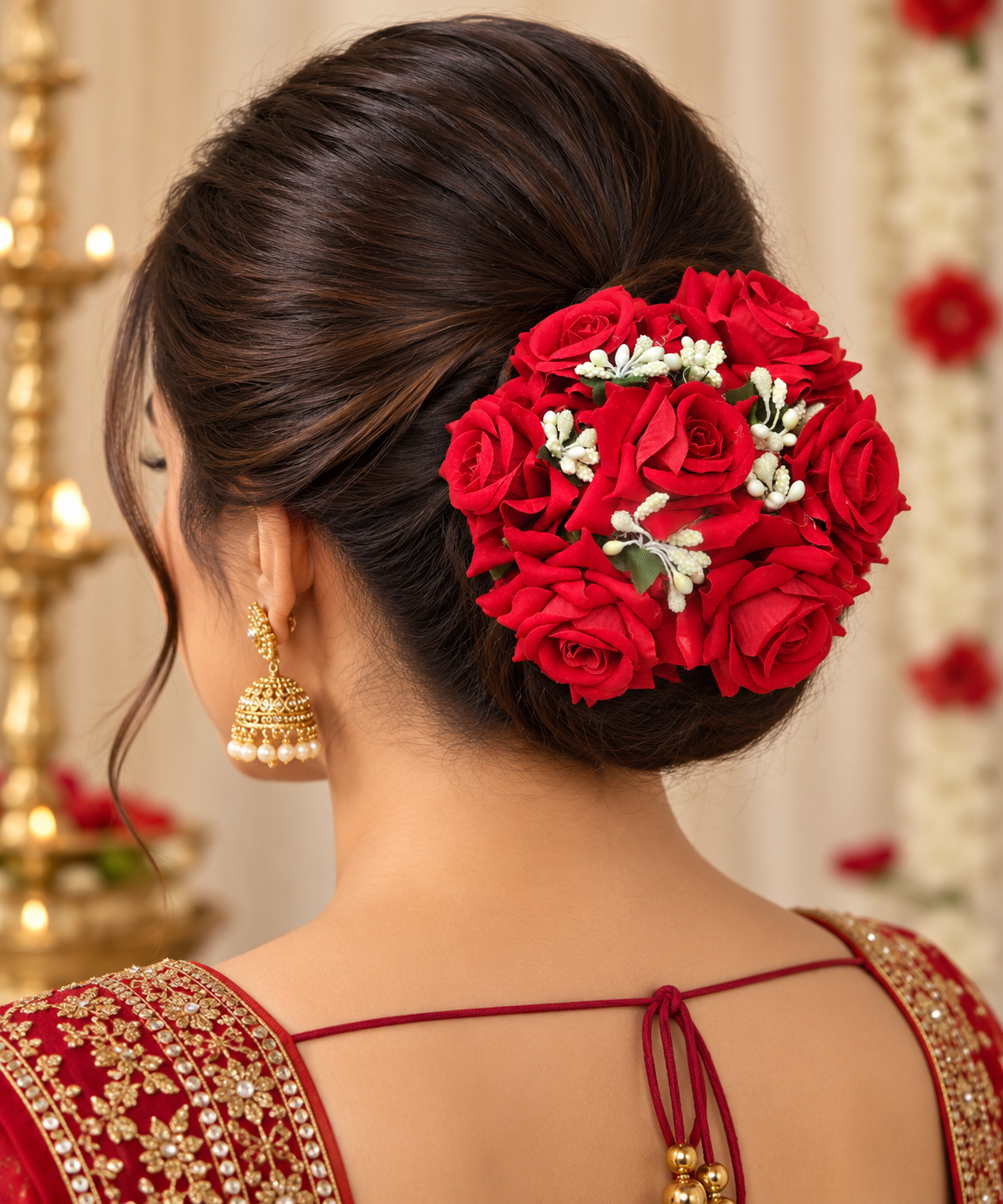 The99Jewel Red Rose Artificial Floral Bun Hair Accessory For Women