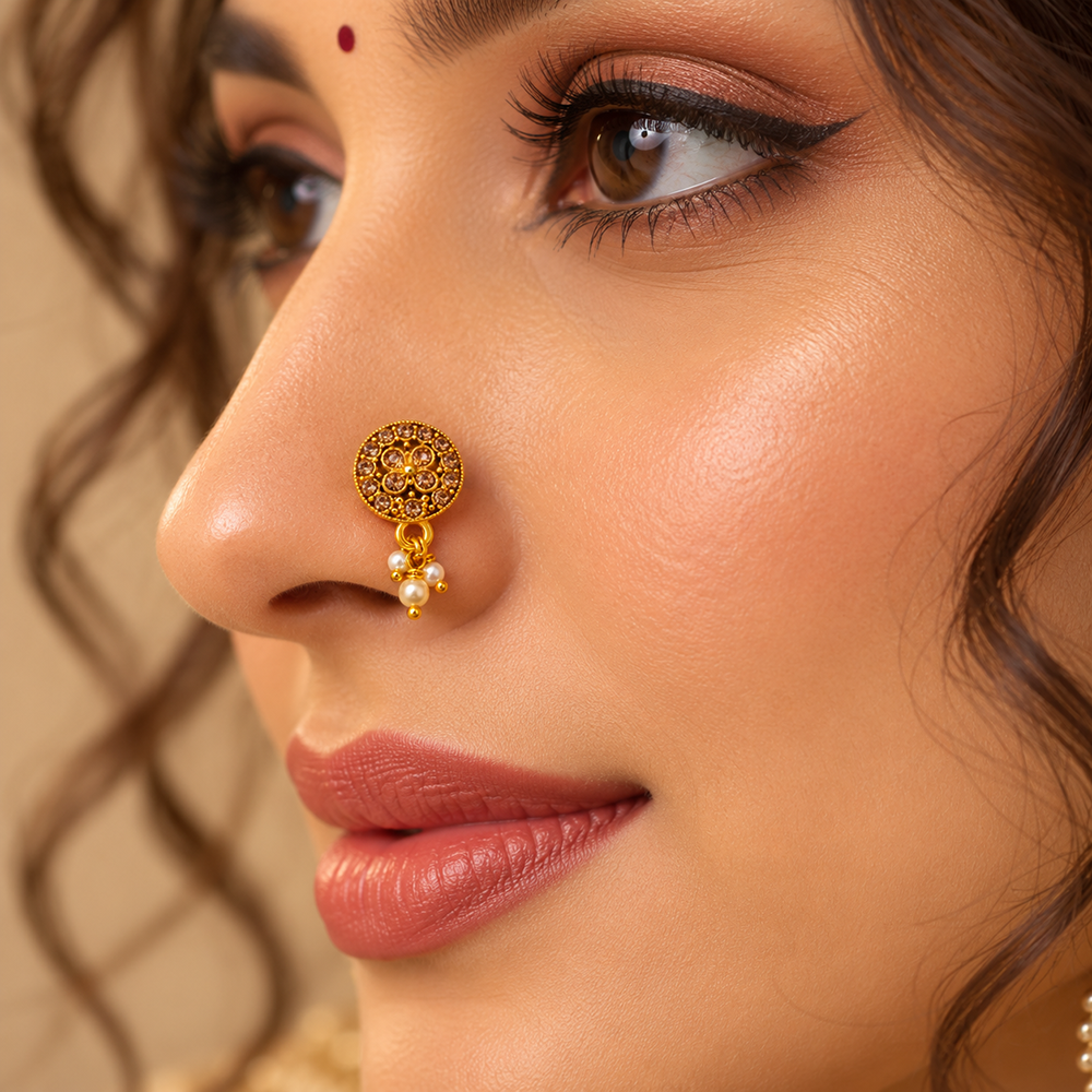 The99Jewel Gold Plated Ethnic Designer Nose Pin with pearl for women