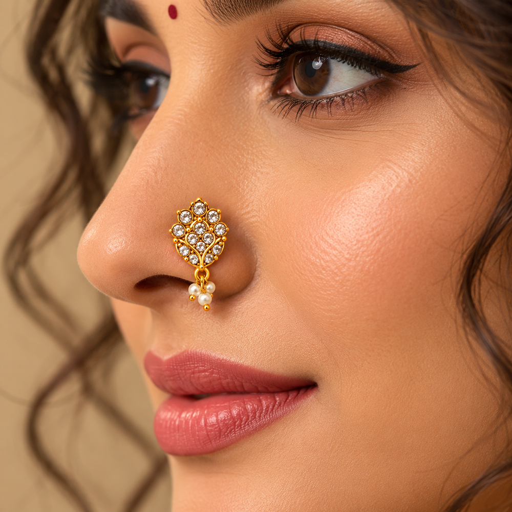The99Jewel Gold Plated Ethnic Designer Nose Pin with pearl for women