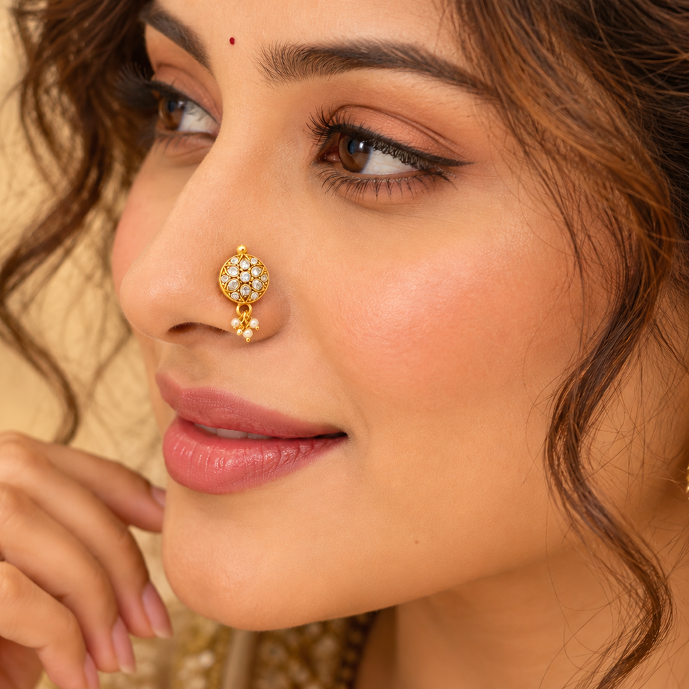 The99Jewel Gold Plated Ethnic Designer Nose Pin with pearl for women